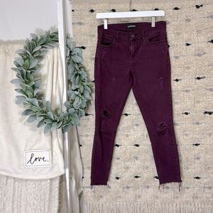 Express ankle mid rise burgundy distressed skinny jean size 2